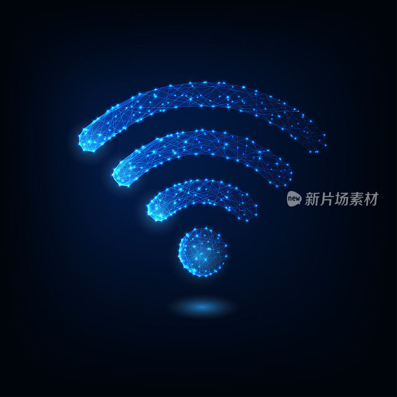 Futuristic glowing low polygonal wifi symbol isolated on dark blue background.